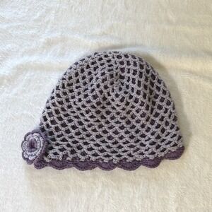 Breathe Purple Cotton Crochet Beanie Hat with Flower Accent Scalloped Edge Boho